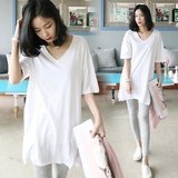 韩国夏季纯棉孕妇装中长款V领纯色宽松孕妇短袖t恤短袖孕妇连衣裙