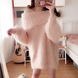 【Miss fox】韩国安哥拉山羊毛高领一字领露肩灯笼袖长款宽松毛衣