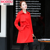 风衣女中长款2016秋装新款韩版修身显瘦红色英伦系带气质春秋外套
