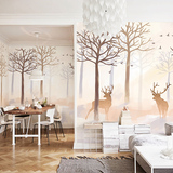 欧式麋鹿墙纸 满铺温馨时尚卧室客厅背景墙壁纸 手绘大型壁画树林