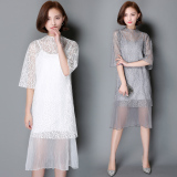 2016镂空蕾丝连衣裙女夏季新款韩版修身中长款五分袖两件套装裙