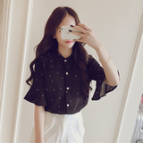 韩国代购2016夏装新款甜美波点短袖喇叭袖衬衣女学院风雪纺衬衫潮