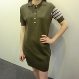 韩版夏季短袖POLO领套头一步裙四条杠显瘦休闲绿色针织tb连衣裙女