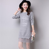 冬季新款韩版女装羊绒圆领套头毛衣中长款蕾丝拼接毛衣外套打底衫