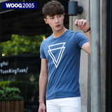 WOOG2005几何印花短袖男士T恤 2016夏季新款潮流半袖蓝色圆领体恤