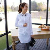 白色T恤女有领子2015秋冬装新款韩版修身中长款休闲长袖打底衬衣