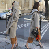 2016春装新款大衣女士韩版宽松连帽系带时尚个性长款羊毛呢子外套