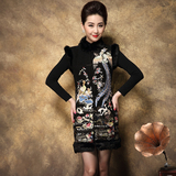 2015秋冬新款女装中国民族风重工刺绣花大码羊毛呢子龙袍外套马甲