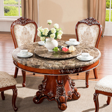 大理石餐桌 欧式餐桌实木圆桌天然大理石双层圆形餐桌椅组合饭桌