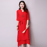 2016年夏装新款中国风古典改良汉服连衣裙红色时尚复古棉麻中长裙
