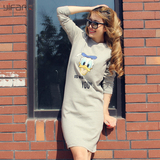 2016冬春韩版女修身加绒加厚中长款卫衣打底衫卡通纯棉长袖T恤裙