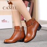 Camel/骆驼女鞋 舒适时尚 打蜡牛皮圆头拉链中跟新款女短靴