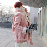 冬季鹿皮绒机车服粉色羊羔毛外套女韩国加绒加厚中长款羊糕毛棉