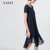 初上市价119元*Amii[极简主义]夏新短袖拼接雪纺不规则裙摆连衣裙