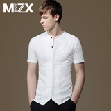 夏季新款男士圆领短袖衬衫 男韩版修身款白色个性休闲衬衣男潮