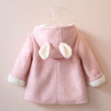 韩版童装2015女童冬季新品毛呢大衣兔耳朵加绒保暖外套宝宝上衣