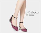 CNE2015新款真皮时尚女鞋水晶坡跟一字扣尖头网凉鞋6M58901
