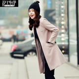 汐子布伊2015冬装新款韩版纯色显瘦呢子大衣中长款圆领毛呢外套女