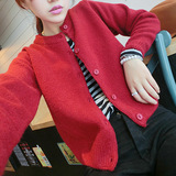 2016韩版新款秋冬季宽松短款外套长袖开衫加厚针织纯色毛衣女圆领