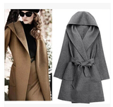 欧美冬装新款呢大衣外套双面绒大衣连帽系带修身中长款毛呢外套女