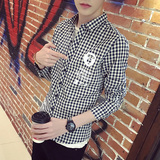 RQ春夏季男士衬衫时尚长袖花衬衣休闲格子修身型韩版简约衬衣男装