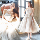 AOVIA/爱维娅2016韩式优雅抹胸中长款礼服晚装礼服蓬蓬裙礼服短女