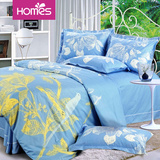 纯棉四件套床单被套欧洲床上用品 自然风格蓝色不变形不褪色1.8米