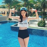 韩国代购运动字母钢托荷叶边保守高腰分体沙滩温泉度假泳衣泳装女