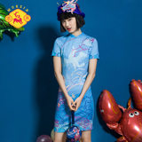 密扇16夏新款中国风改良旗袍修身印花设计师品牌复古民族风连衣裙