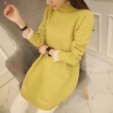 冬季新款韩版蕾丝花边女士针织衫中长款直筒加厚套头毛衣打底衫