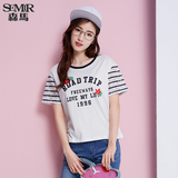 森马短袖T恤 2016夏装新款 女士韩版字母印花条纹蕾丝拼接宽松t恤