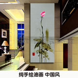 纯手绘油画现代简约抽象花卉荷花竖版玄关装饰画中式客厅过道挂画