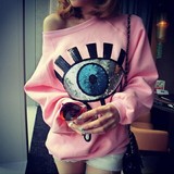 香港代购2016最新款韩国亮片刺绣大眼睛图宽松粉色套头女加绒卫衣