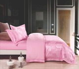 棉1.8m床单 粉红刺绣被套贡缎提花2.2米床笠婚庆床品欧式四件套纯