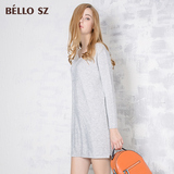 bello sz贝洛安正品2016新款简约V领气质高腰修身长袖连衣裙秋装