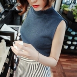 2016夏季韩版新款女纯色无袖圆领打底衫 修身套头半高领针织t恤女