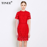 Tinee 2016夏装红色蕾丝连衣裙 结婚礼服女修身新娘回门服红裙子