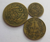 法属突尼斯1921年50分 1法郎 2法郎硬币 铜币全套3枚 首年份