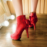 马丁靴潮女短靴高跟鞋细跟厚底防水台红色短靴婚鞋春秋冬季女鞋子