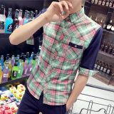 夏装男士印花格子五分袖衬衫夏季新款韩版修身青年中袖衬衣潮男装