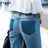 Amii2016秋新女复古磨破水洗磨白微喇叭牛仔裤长裤直筒裤阔腿裤