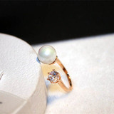 韩版时尚天然珍珠贝母镶钻戒指超闪锆石镶钻指环开口可调节首饰