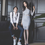 2016新款韩版夏装两件套蕾丝连衣裙修身露背中裙性感长袖包臀裙女