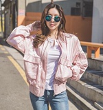 韩国正品代购女装春装韩版光感机车夹克宽松刺绣棒球服粉色薄外套
