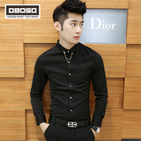 夏季韩版男士黑色长袖衬衫潮男纯色小领衬衣亮色紧身衬衫潮流寸衫