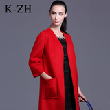 KZH2015新款秋冬双面羊毛大衣女士中长款V领糖果色七分袖毛呢外套