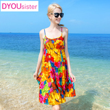 dyousister海滩裙甜美印花吊带短裙波西米亚度假沙滩裙女连衣裙