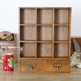 zakka复古做旧色实木制9格两抽桌面收纳盒柜可壁挂带2抽屉装饰品