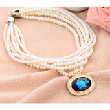 包邮甜美气质多层珍珠蓝宝石项链 韩国时尚衣服吊坠女饰品配饰