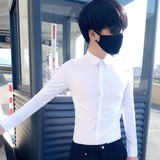 男士长袖衬衫2016秋季新款韩版修身青年休闲英伦紧身纯色白衬衣寸